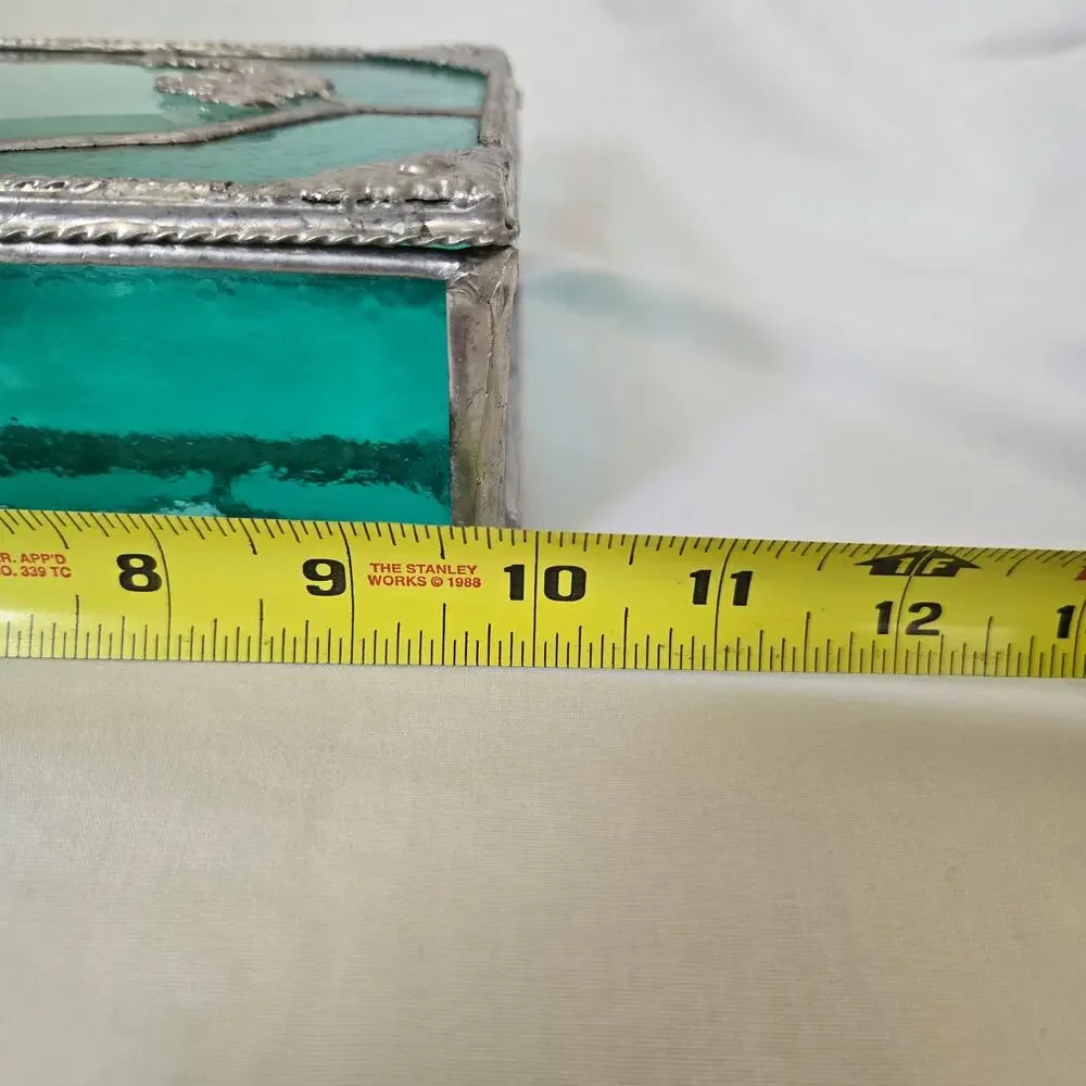 Teal Green Stained Glass Mirrored Jewelry Box Trinket Box Beveled and Waterglass